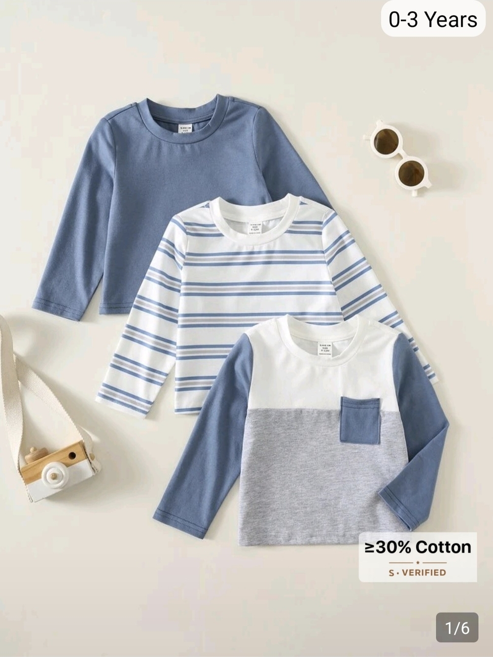 3-Pack Blue Long-Sleeve Tops for Kids